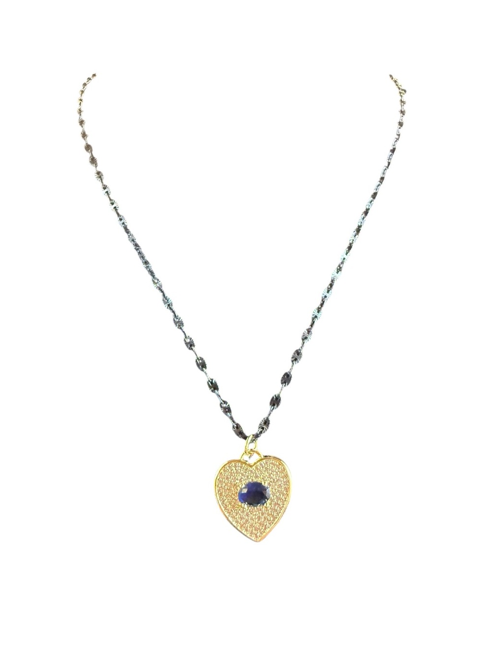 New Freida Rothman Black 925 Silver Chain w Gold Heart Pave Pendant w Blue Stone
